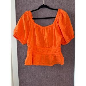 Tommy Hilfiger Puffy Short Sleeve Pullover Blouse Smocked Waist 100% Cotton M